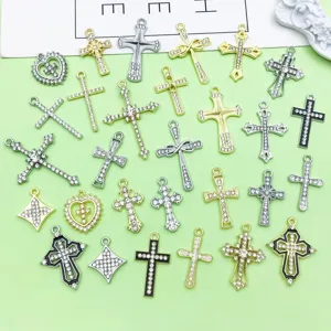 Assorted alloy rhinestone cross charms for DIY jewelry making, necklace bracelet pendant accessories.