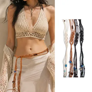 Bohemian Ethnic Style Hand Woven Waist Chain For Dresses Women Handmade Braided Waist Rope With Wooden Beads And Tassels Vacation Belt