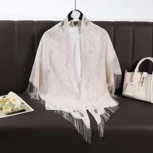 Women Lace Triangle Scarf Hollow Out Tassel Shawl Solid Color Breathable Fashion Head Wrap