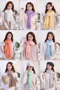Solid color knitted fluffy fringe scarf winter warm soft versatile apparel multi-color