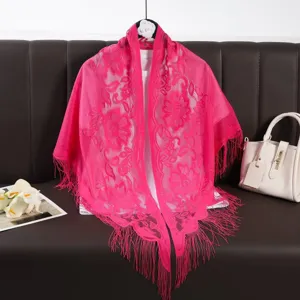 Hot pink lace fringed triangular shawl, hollow out breathable elegant women fashion scarf.
