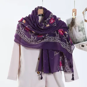 Purple floral embroidered tassel shawl scarf with hotfix rhinestones for women travel fashion.