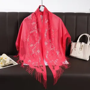 Red lace hollow fringe triangular scarf stylish breathable solid color women shawl wrap