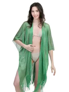 Green metallic open-front beach kimono shawl, perfect stylish vacation bikini cover-up.
