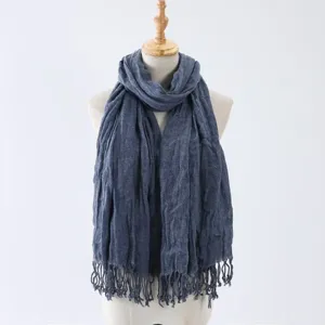 Blue grey crinkled scarf with fringe details for women winter warm fashion daily wear apparel