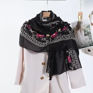 Black embroidered rhinestone fringe scarf, cotton linen shawl for women travel fashion accessory.