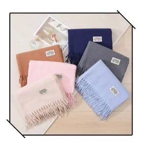 Solid color long cashmere feel winter scarf set with stylish fringe detail for women and men