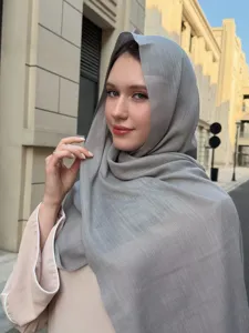 Detail view of casual solid color slub long scarf, stylish breathable grey hijab shawl.