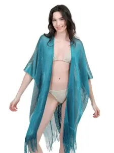 Shiny metallic kimono beach cover-up cardigan for women summer vacation swimwear.