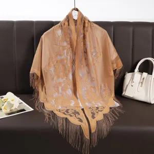 Women hollow lace triangular scarf camel vintage fringe shawl elegant female wrap apparel