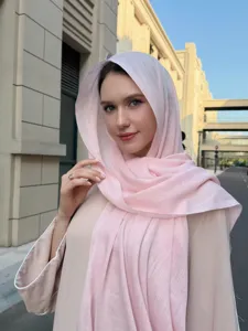 Solid color slub long scarf for women, breathable lightweight shawl hijab for daily travel.