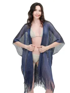 Detailed view of the metallic shimmering beach cover-up with sleeves and chic fringe hem.