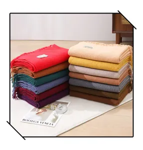 Cozy solid color winter cashmere-like scarf shawl with chic fringe for women daily wear