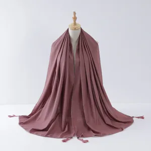 Elegant dusty pink long hijab scarf with silver trim tassels and beads for women fashion style