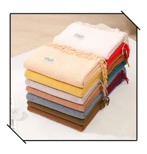Cozy imitation cashmere winter scarf stack, solid color long warm fringe shawl for women.