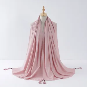 Pink hijab scarf with silver wire rolled edge, elegant tassels and hanging beads detail.