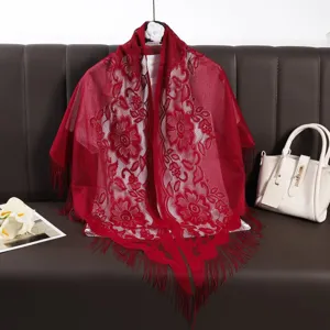 Red lace triangular scarf shawl for women with fringe elegant hollow breathable fashion drape