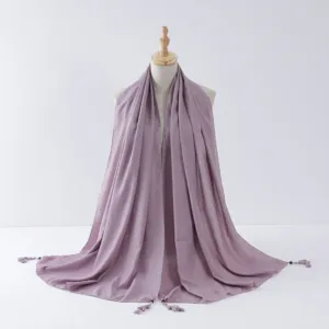 Lavender tassel long scarf with silver wire rolled edges, fashionable hijab and versatile shawl.