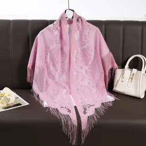 Pink lace fringe triangle scarf elegant hollow out breathable shawl women fashion wrap