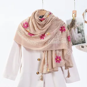 Cotton linen embroidered tassel scarf shawl with floral design for travel and daily wear