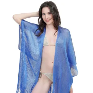 Blaues metallisches Strandtuch Kimono Schal Cardigan, stilvoller Sommer Bademode Sonnenschutz.