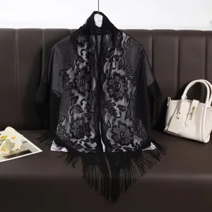 Black lace velvet triangle scarf shawl detail with hollow floral pattern and chic fringe trim.