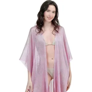 Rosa Glitzer Metallic Strand Cover Up Kimono Offene Front Bikini Cardigan Damen Top