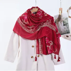 Red embroidered tassel shawl cotton linen large scarf ethnic geometric pattern travel wrap