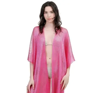 Rosa metallischer Strand Kimono Cardigan Strickjacke Damen Urlaub Sonnenschutz Bekleidung