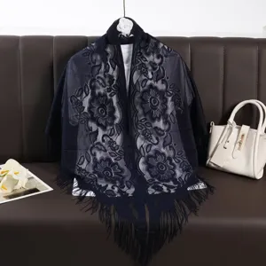 Elegant dark blue lace fringe shawl hollow out solid color breathable women fashion wrap