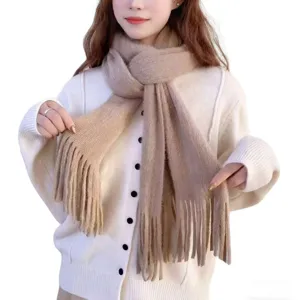 Solid Color Knitted Tassel Scarf Women Winter Warm Soft Versatile Fashion Long Scarf Casual Cold Weather Neck Wrap