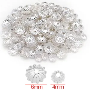 Silver tone flower bead caps for DIY jewelry making, spacer findings, 6mm and 4mm size options.