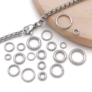 Stainless steel jump rings detail view showing various sizes and chain link parts for DIY craft.