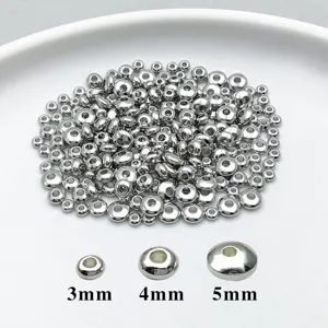 Silver metal spacer beads for jewelry making, available in 3mm, 4mm, and 5mm sizes.