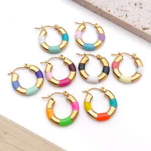 Stainless steel colorful enamel hoop earrings, geometric round huggie earrings detail view.