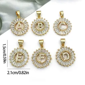 KC gold plated rhinestone round letter charm pendant DIY handmade necklace bracelet jewelry