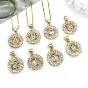 Gold-plated brass crystal rhinestone round alphabet letter pendant DIY jewelry necklace accessory