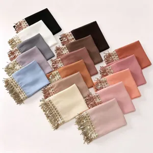 Elegant chiffon hijab scarf with pearl sequin tassel fringe, versatile multi-color headwrap.
