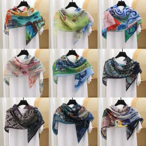 French vintage artistic printed cotton silk square scarf multi-pattern detail showcase