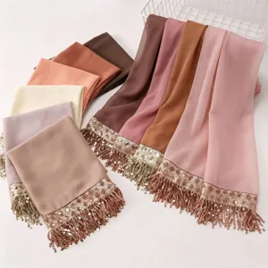 Women Chiffon Long Scarf Sequin Tassel Headscarf Ethnic Muslim Shawl Lightweight Fashion Elegant Neck Wrap
