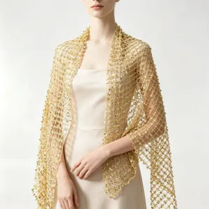 Gold sequin mesh shawl detail, elegant evening dress accessory for party and banquet events.