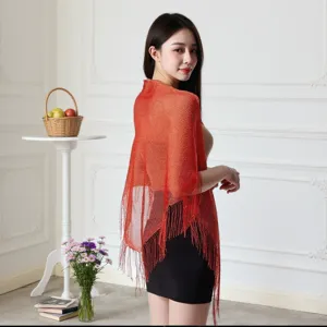 Metallic tassel shawl for women, hollow out cape, stylish spring summer triangle scarf.