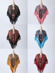 Ethnic floral print fringe shawl scarf multi-color collection for women, elegant winter wrap.