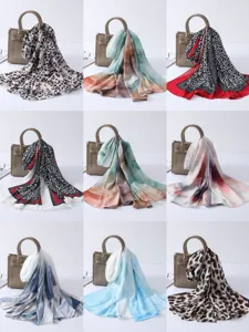 Women satin polyester long scarf fashion watercolor leopard print hijab shawl neckerchief