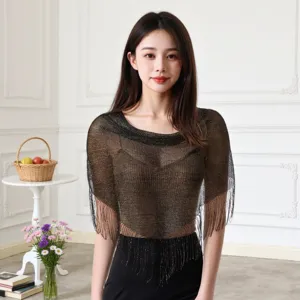 Detailed view of women metallic fringe shawl, hollow summer cape, short fashion wrap.