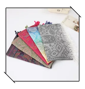 Ethnic style tassel long scarf detailed view, featuring classic paisley and floral embroidery for women.