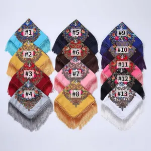 Ethnic floral square scarf with fringe details, multiple vibrant color options available.