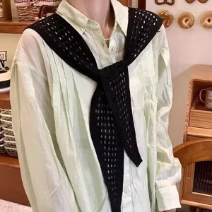 Knitted hollow shawl scarf detail shot, black mesh tie-up false collar for women summer styling.