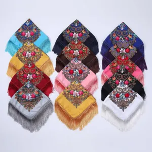Ethnic floral fringe square scarf winter warm shawl women vintage print head wrap daily wear