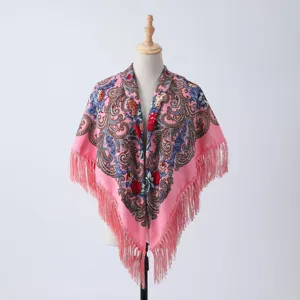 Women vintage floral fringe shawl pink retro winter warm square scarf head wrap.